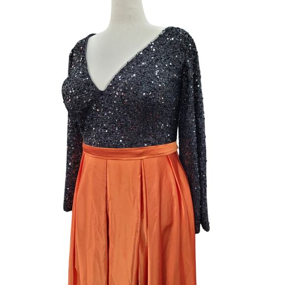 NWT Black Orange Long Sleeve Sequin Gown Size 20 - Picture 3 of 13